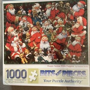 🧩 1000 piece Bits and Pieces “Happy Santas With Puppies”. Adorable! Great gift!